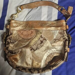 ​Vtg Y2K Coach Patchwork Hobo Bag Gold Metallic Signature Canvas Leather F12389